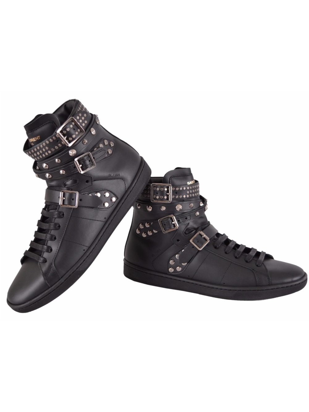 Saint Laurent Black Leather Strap Studded High-Top Sneakers with Buckle Straps